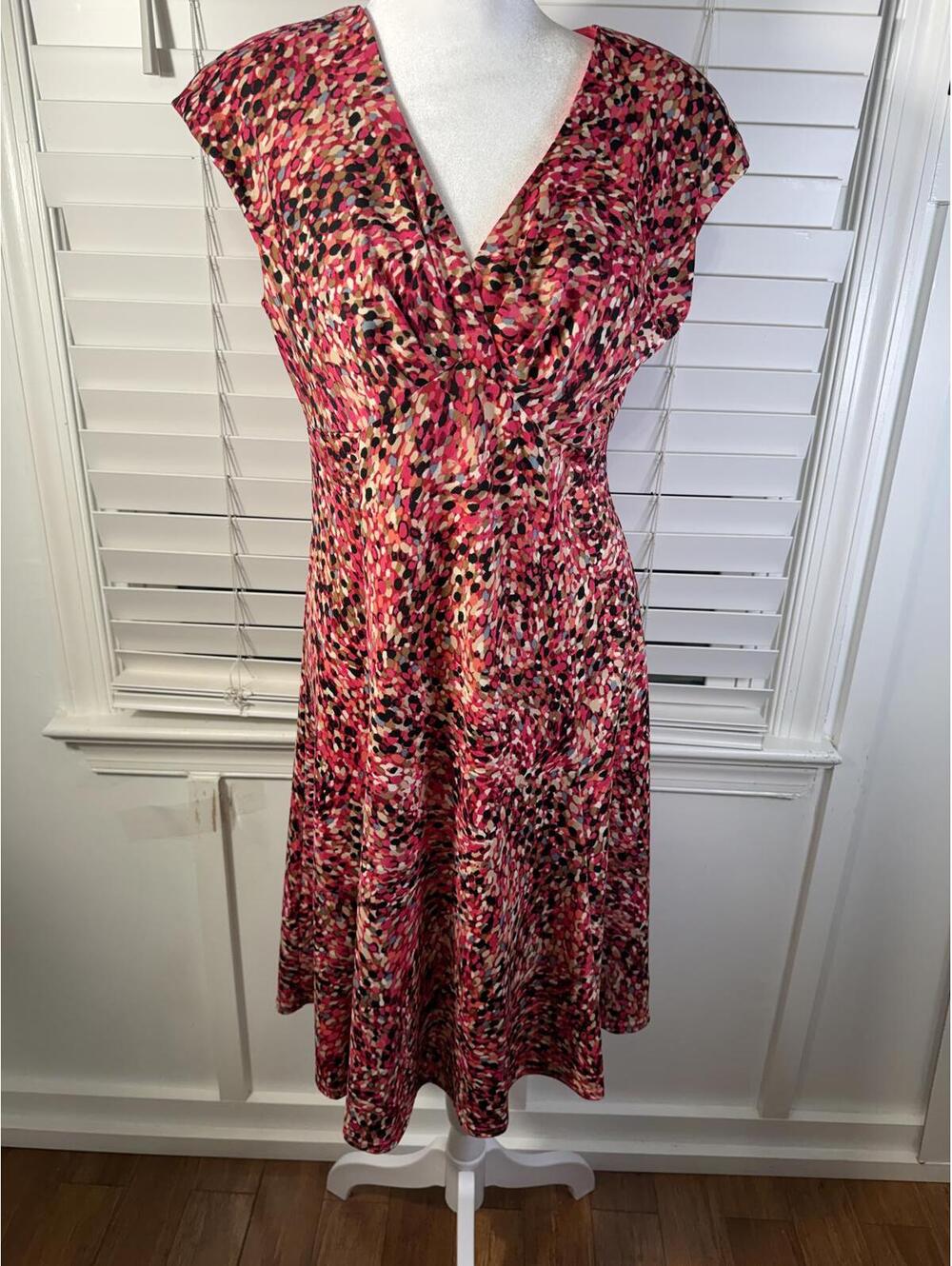 Jones Wear Dress Pink Mosaic Pebble Print Faux Wrap Sleeveless A-Line Size 8